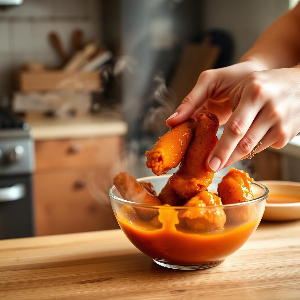 Behind the scenes tossing chicken wings in sauce